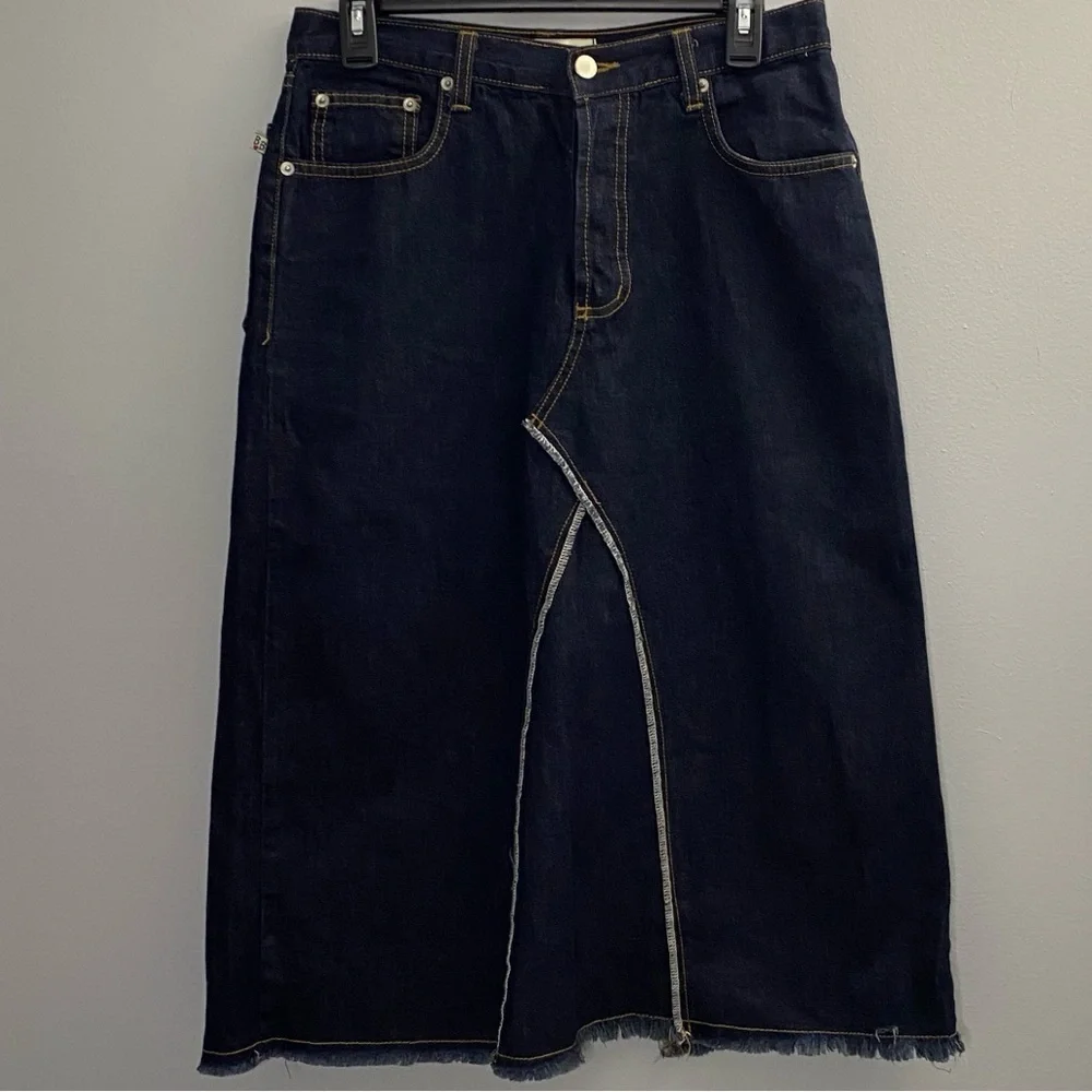 BILLY‎ BLUES VINTAGE 90s Denim Y2K Skirt Dark Wash Jeans Midi Sz 8 Button Fly